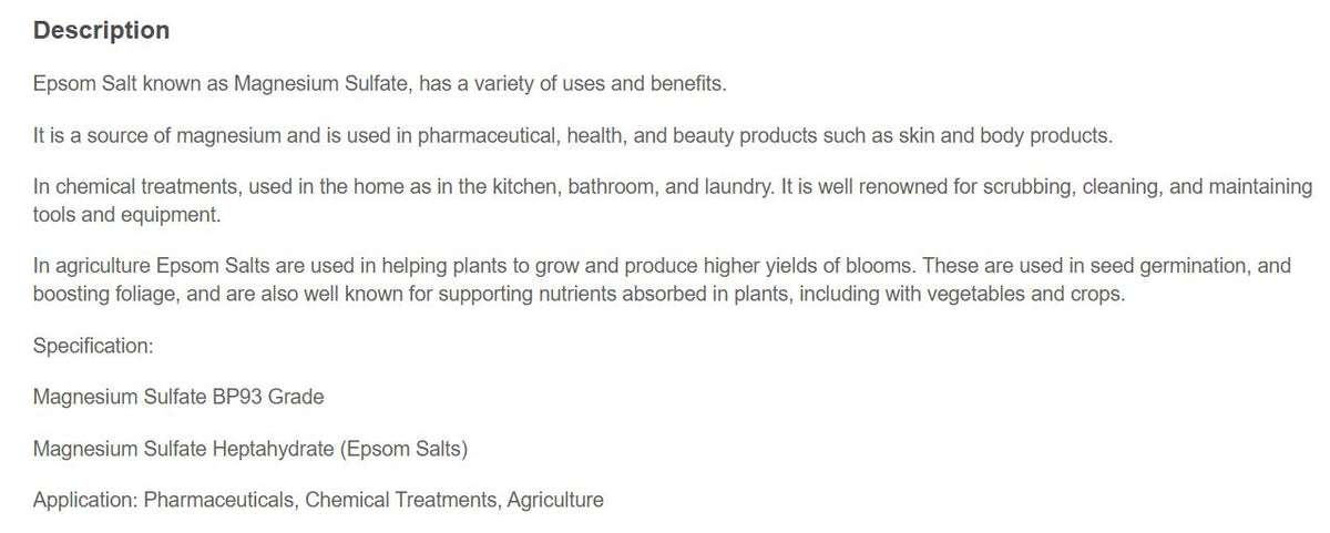 Epsom Salts (Magnesium Sulfate) - 1KG